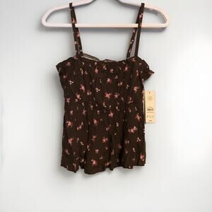 No Boundaries XS Woven Top Bitter Chocolate Combo Brown Floral Boho Hippie Shirt